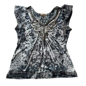 Vintage Y2K Boho Sequin Butterfly Blue Grey Flowy Romantic Short Sleeve Top M